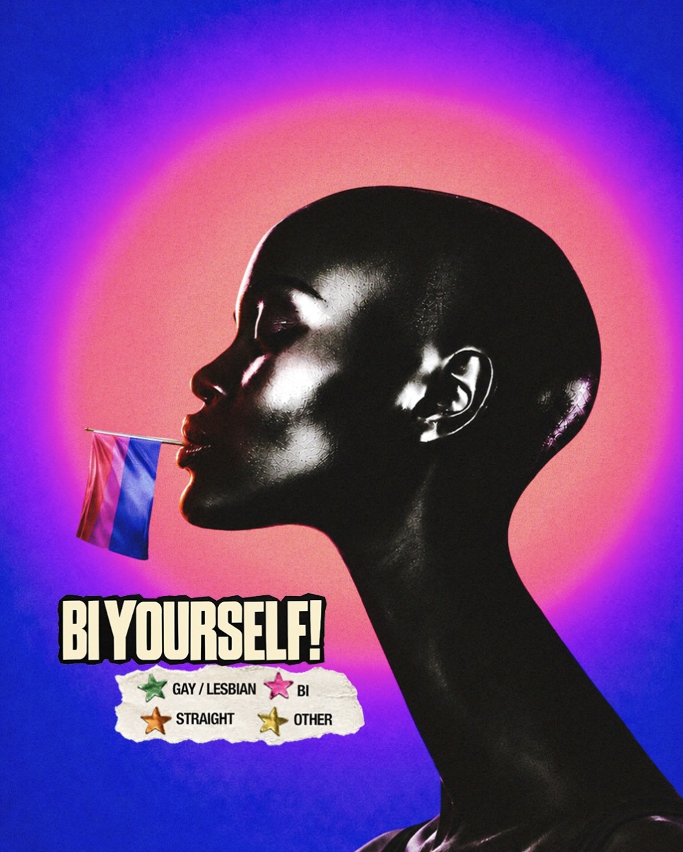 Colorful club poster with a bi pride flag