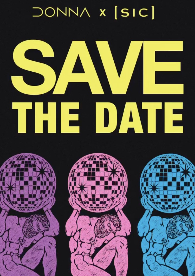 Save the date poster with disco ball figures